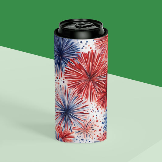 America 250 Fireworks Can Cooler — Patriotic Red & Blue Drink Koozie