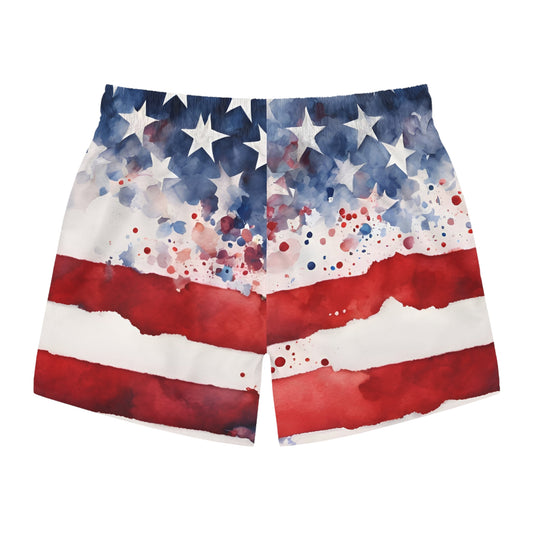 American Flag Watercolor Swim Trunks — Patriotic USA Beach Shorts