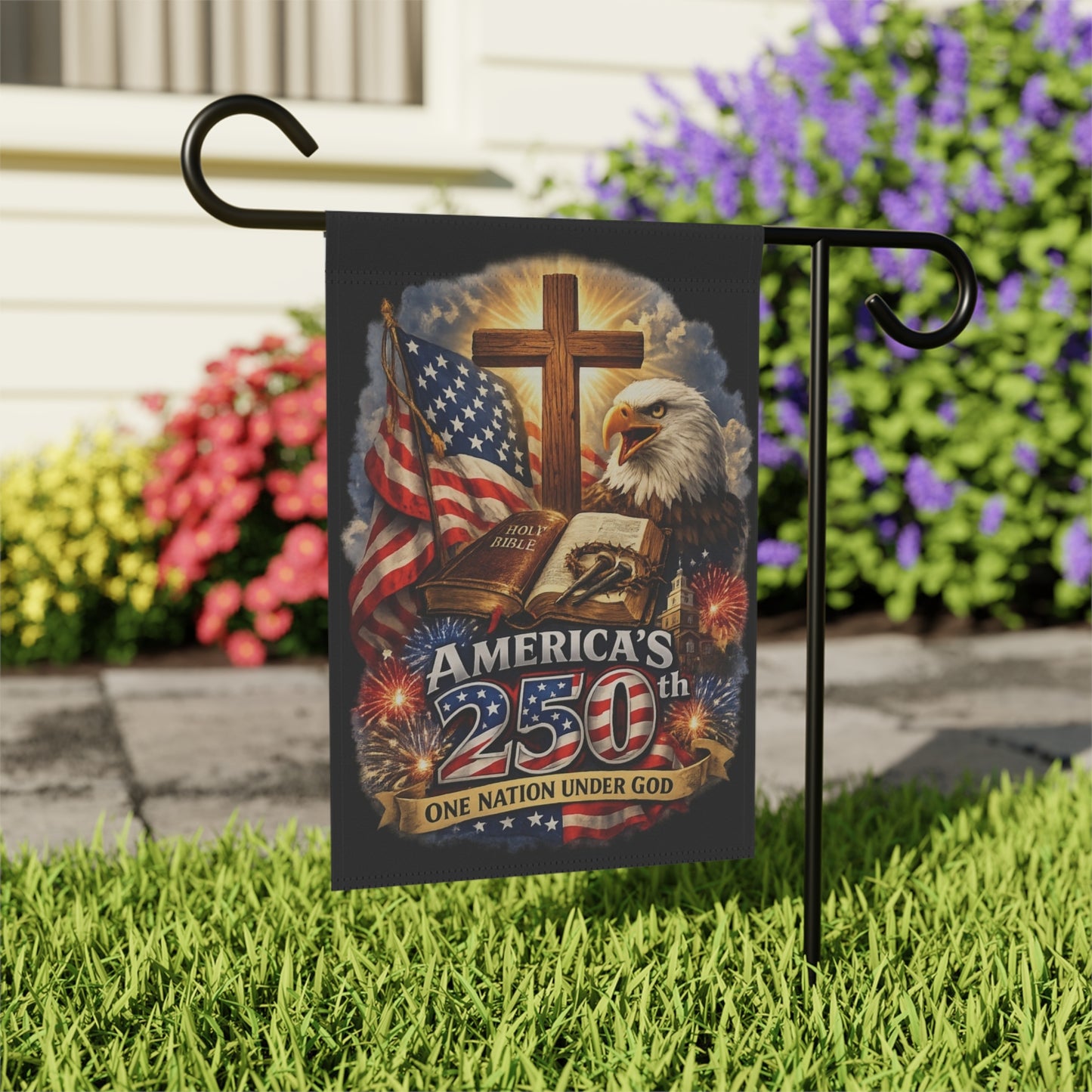 One Nation Under God garden flag — bold bald eagle & cross, America 250 patriotic outdoor banner