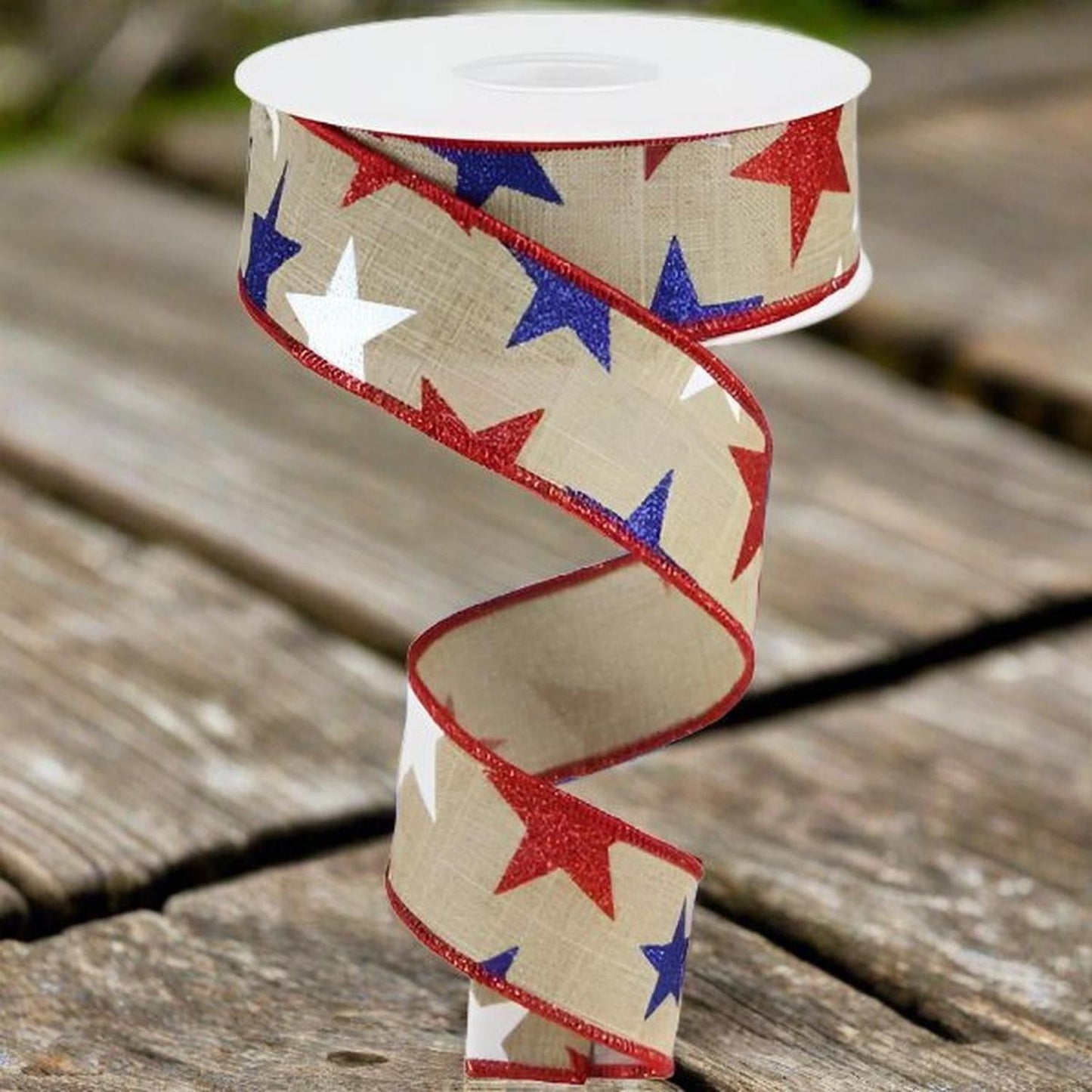 1.5" Beige Royal Canvas Ribbon: Patriotic Stars (10 Yards)