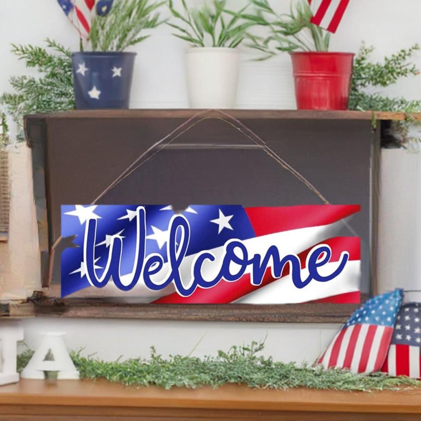 15" Wooden Sign: Welcome Patriotic Flag
