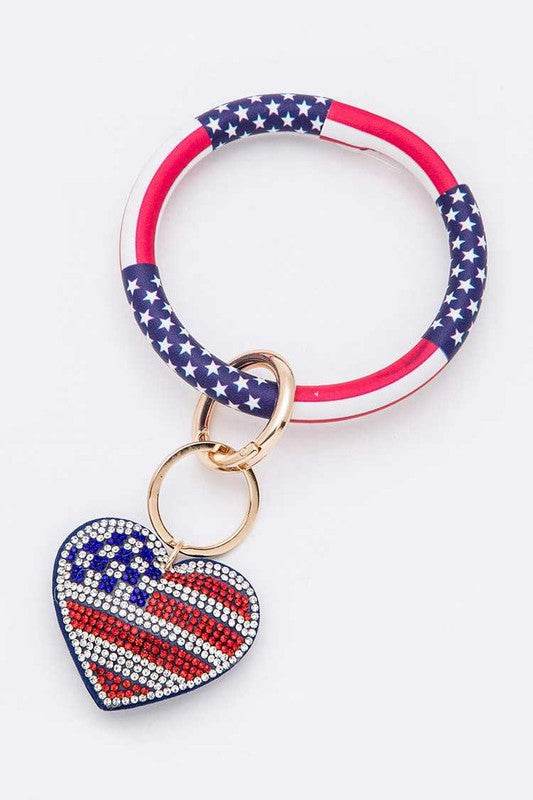 American Flag Heart Keychain Bracelet - Patriotic Stone Key Ring Bangle