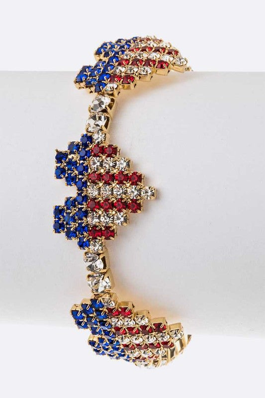 USA Flag Rhinestone Heart Cuff Bracelet - Patriotic Sparkle Jewelry