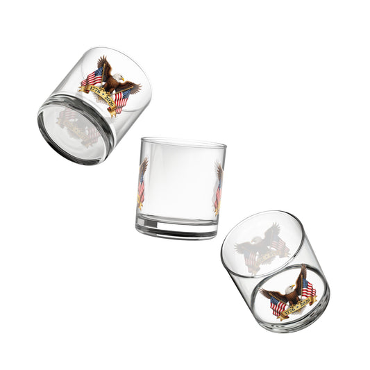 Set of glass tumblers with eagle and flag design on a white background