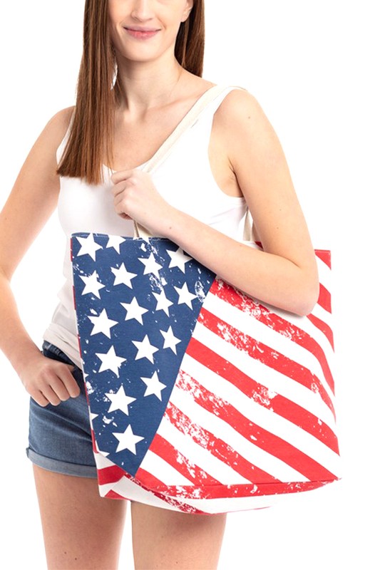 American Flag Canvas Tote Bag - Patriotic USA Print Shoulder Bag