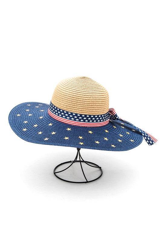 American Flag Straw Floppy Hat - Patriotic Wide Brim Sun Hat