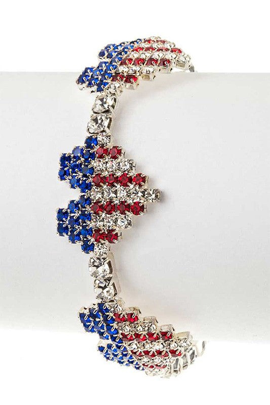 USA Flag Rhinestone Heart Cuff Bracelet - Patriotic Sparkle Jewelry