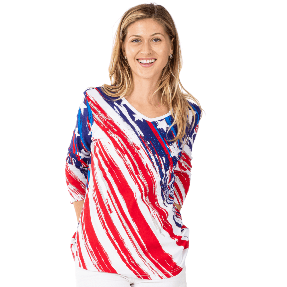 Stars & Stripes Women's 3/4 Sleeve Top - USA Flag | Flag Shirt