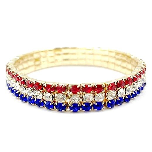 American Flag Crystal Stretch Bracelet - Patriotic Red White Blue Jewelry