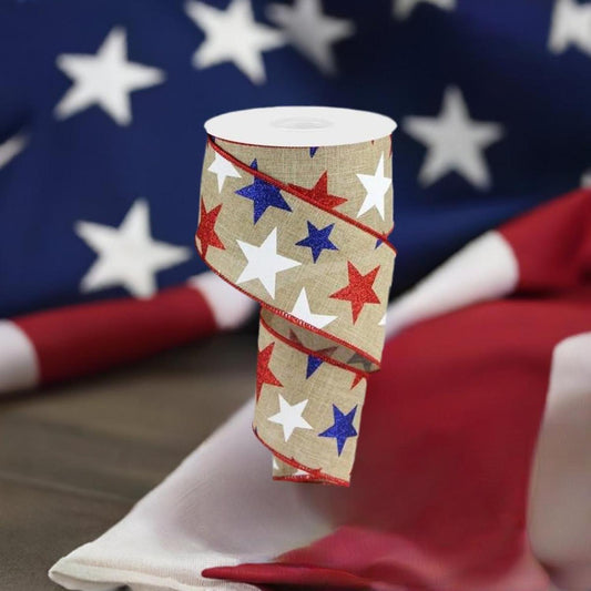 2.5" Beige Royal Canvas Ribbon: Patriotic Stars (10 Yards)