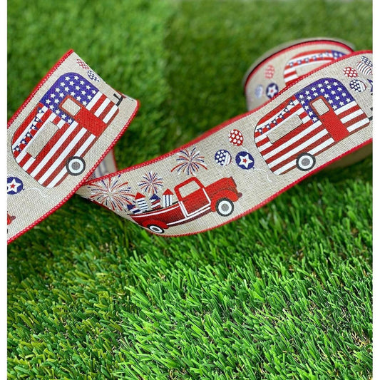 2.5" Patriotic Truck Camper Ribbon: Natural (10 Yards)