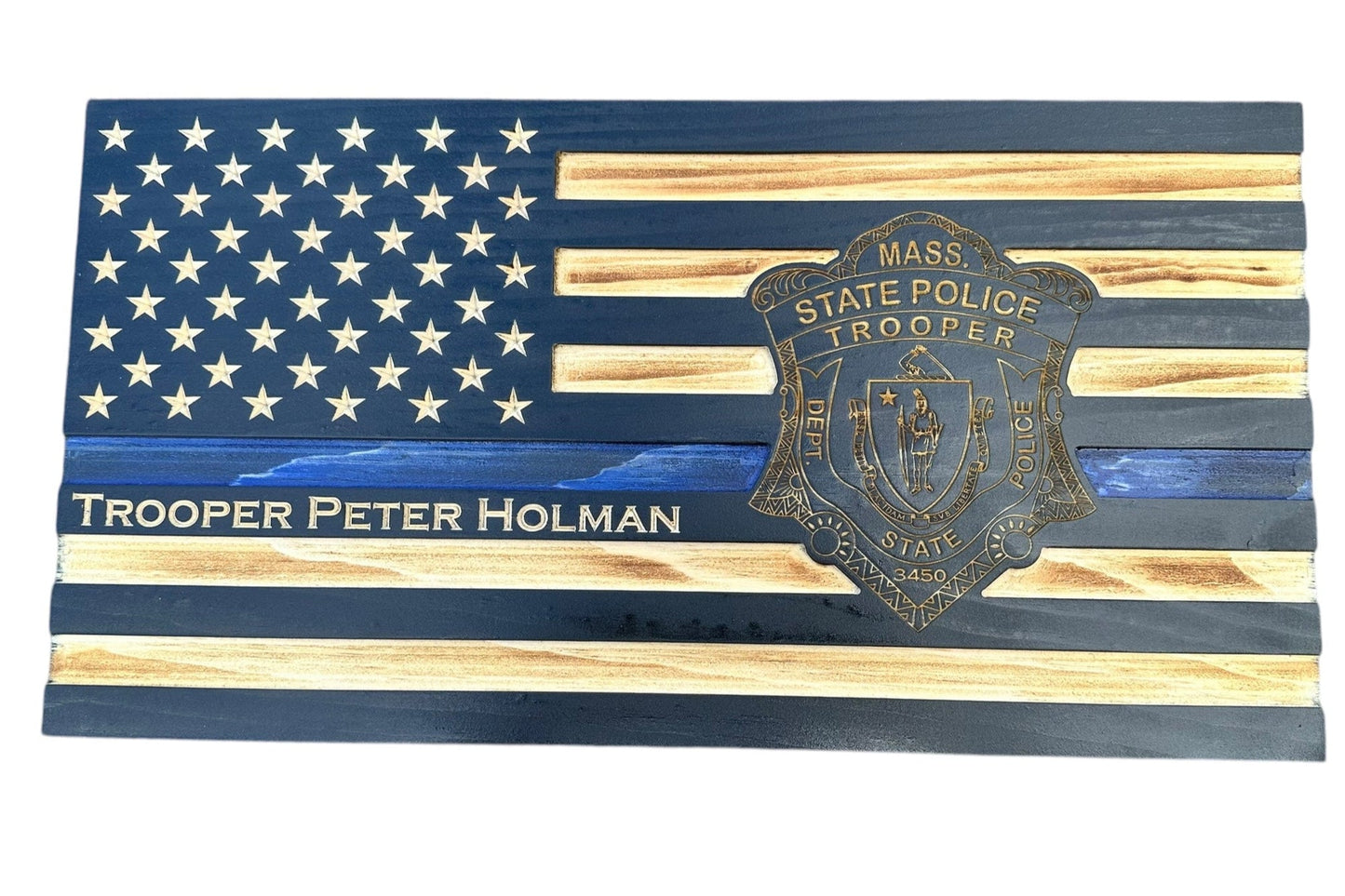 Custom Thin Blue Line Flag with Engraved Badges and Personalized Details