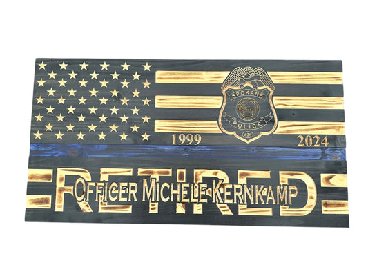 Custom Wooden Retirement American Flag with Personalized Engraving and Badges