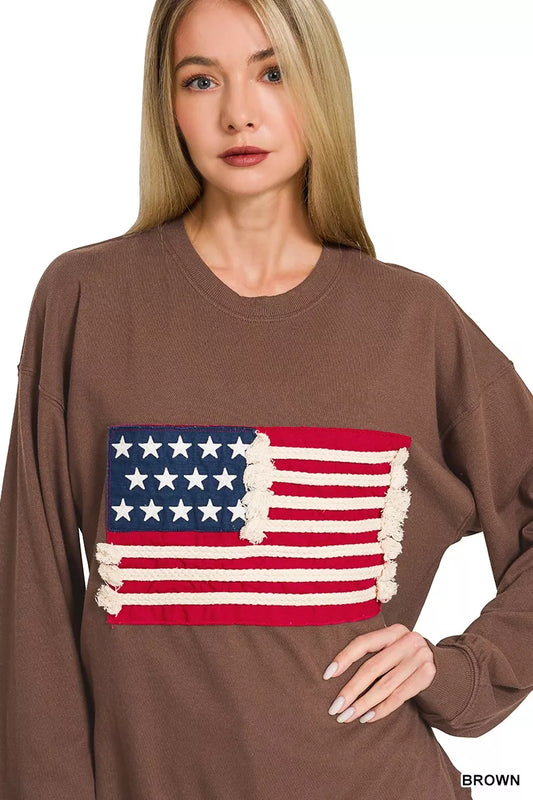 Zenana French Terry American Flag Pullover