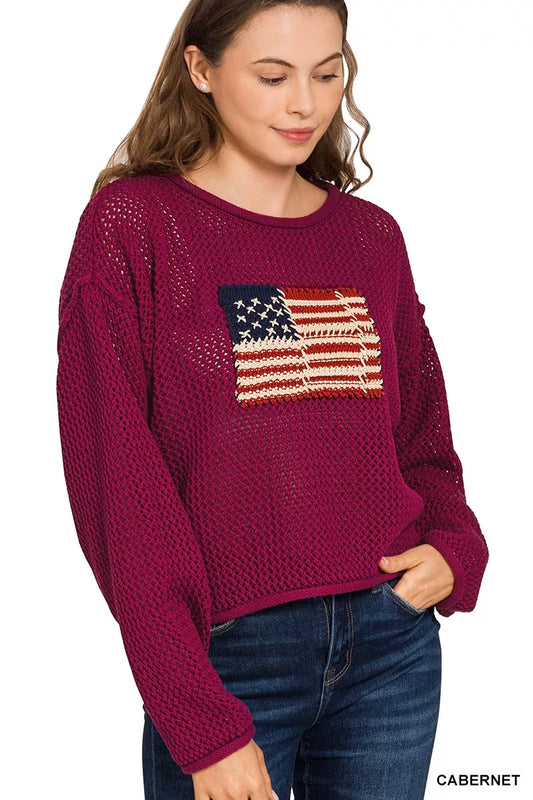 Zenana American Flag Crew Neck Sweater