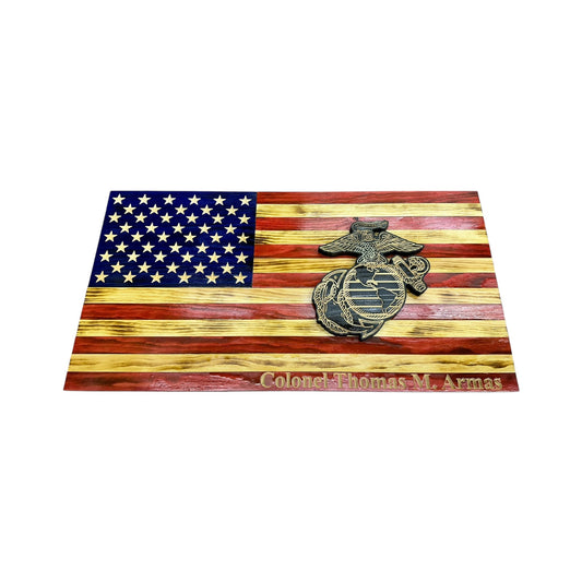 Wooden American Flag with Marine Corps Logo and Personalization