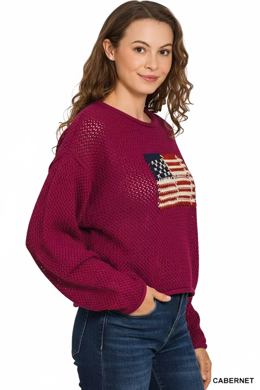 Zenana American Flag Crew Neck Sweater