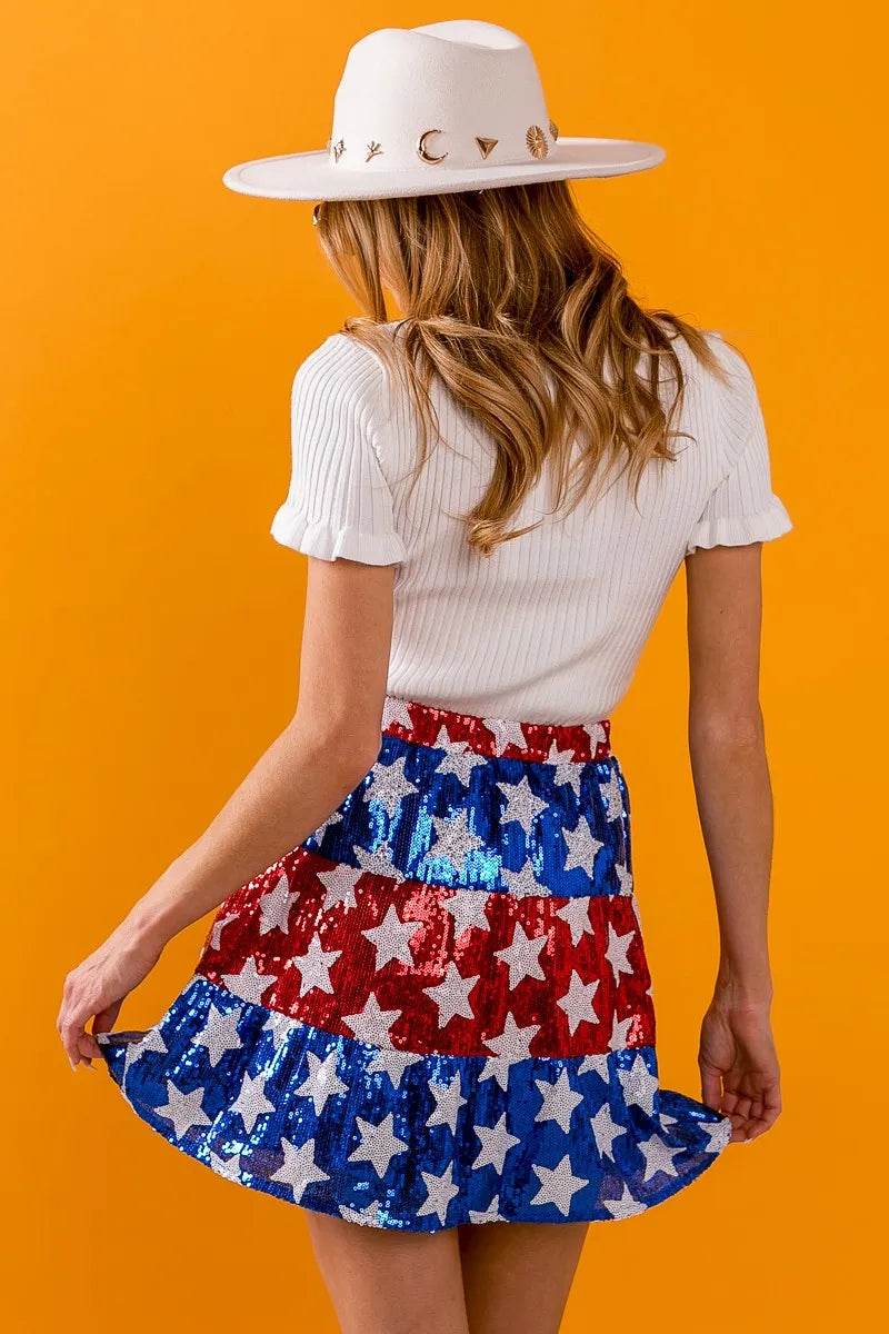 American Flag Star Sequin Skirt - Patriotic Tiered Skirt for Women