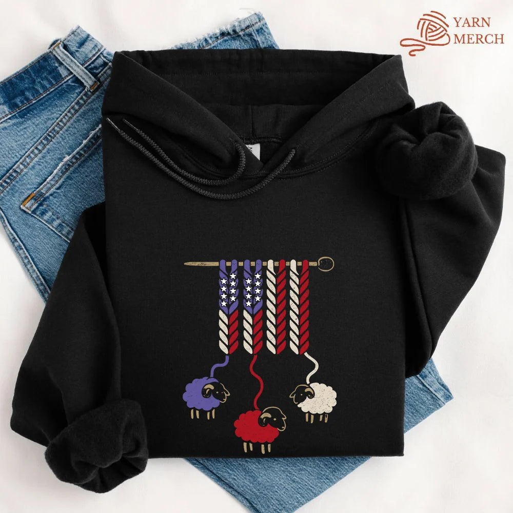 America Wool Hoodie - Patriotic Yarn Art Design Black Hoodie for Knitters