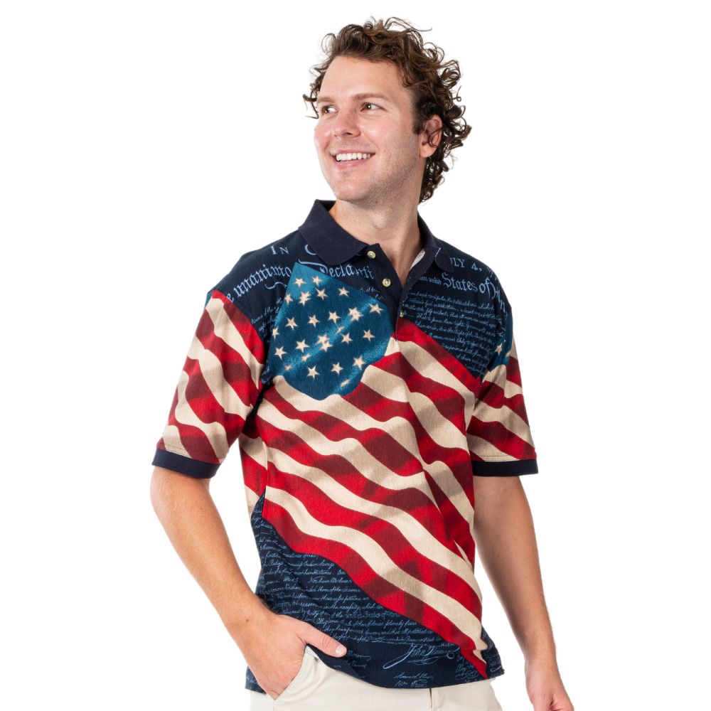Men's Waving American Flag Cotton Polo Shirt - Patriotic Design