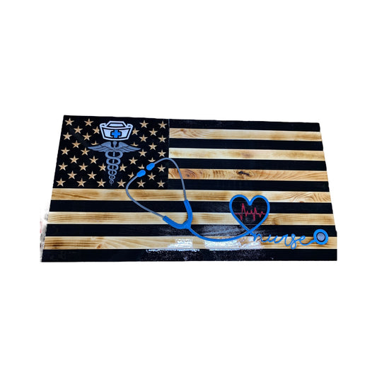 Wooden American Flag for Nurses with Caduceus and Stethoscope Design