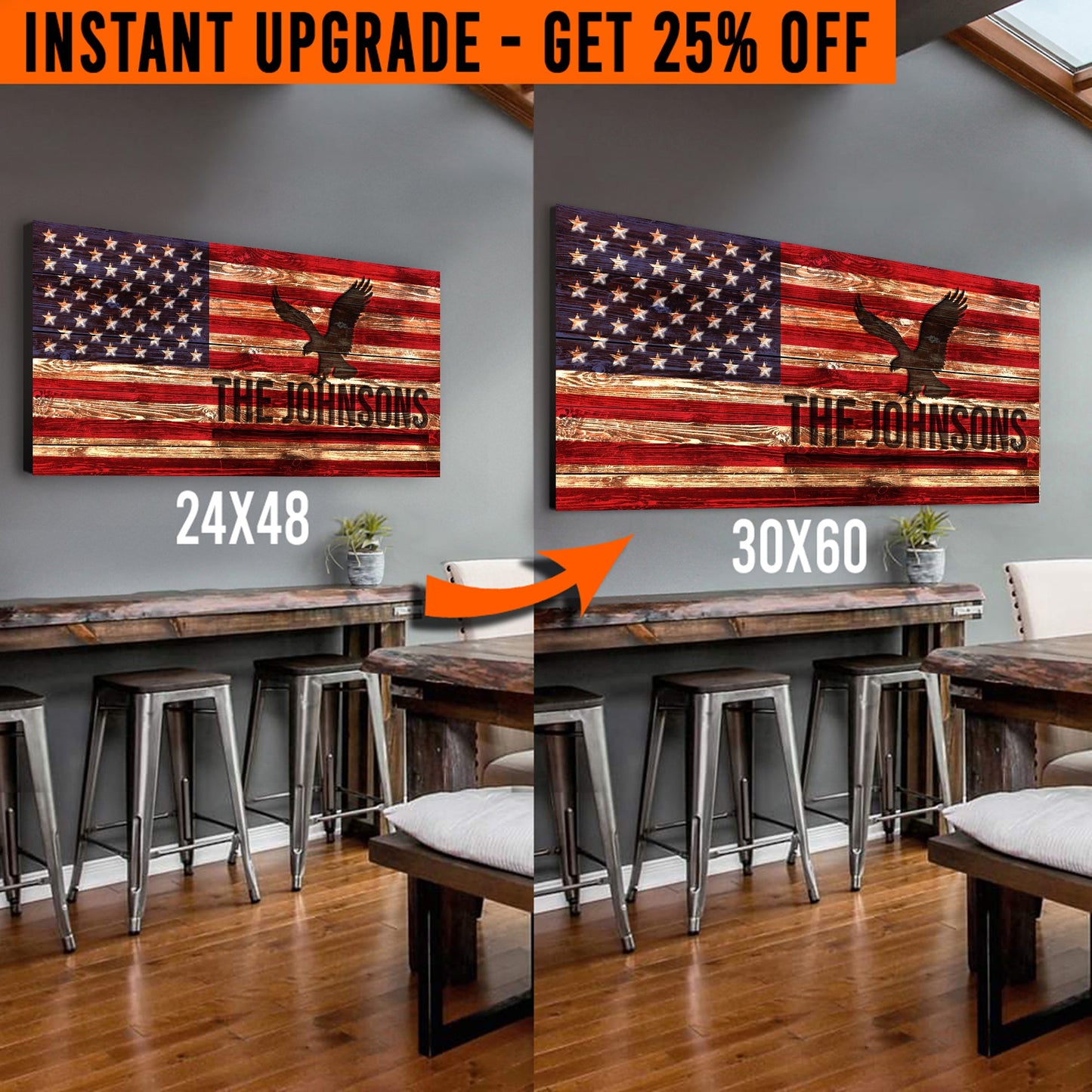Rustic American Flag Canvas Upgrade – 24x48" to 60x30" Size