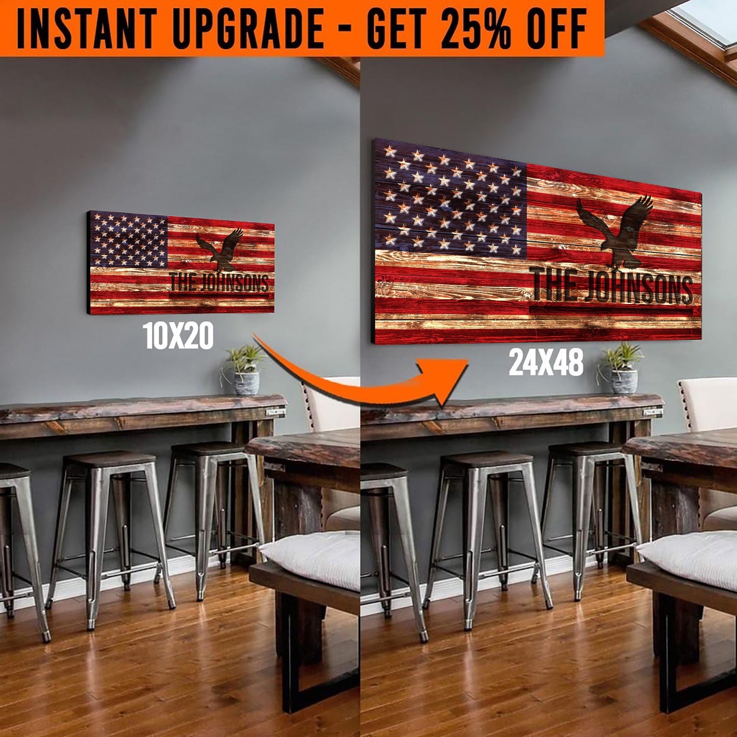 Rustic American Flag Canvas Upgrade – 20x10" to 24x48" Size