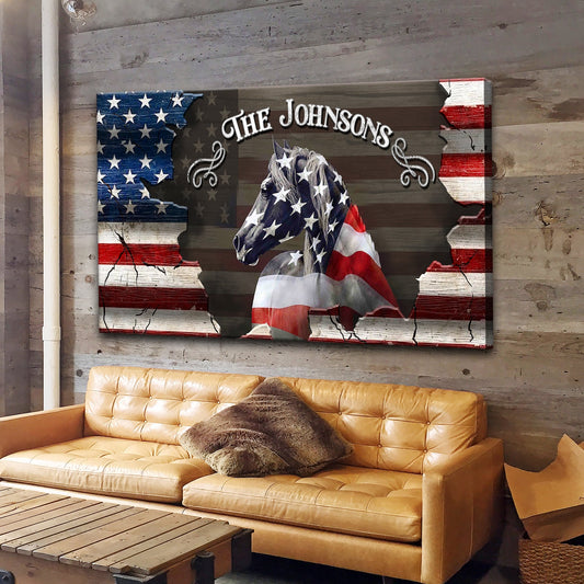 Personalized American Horse Family Name Sign | Patriotic Canvas Wall Art
