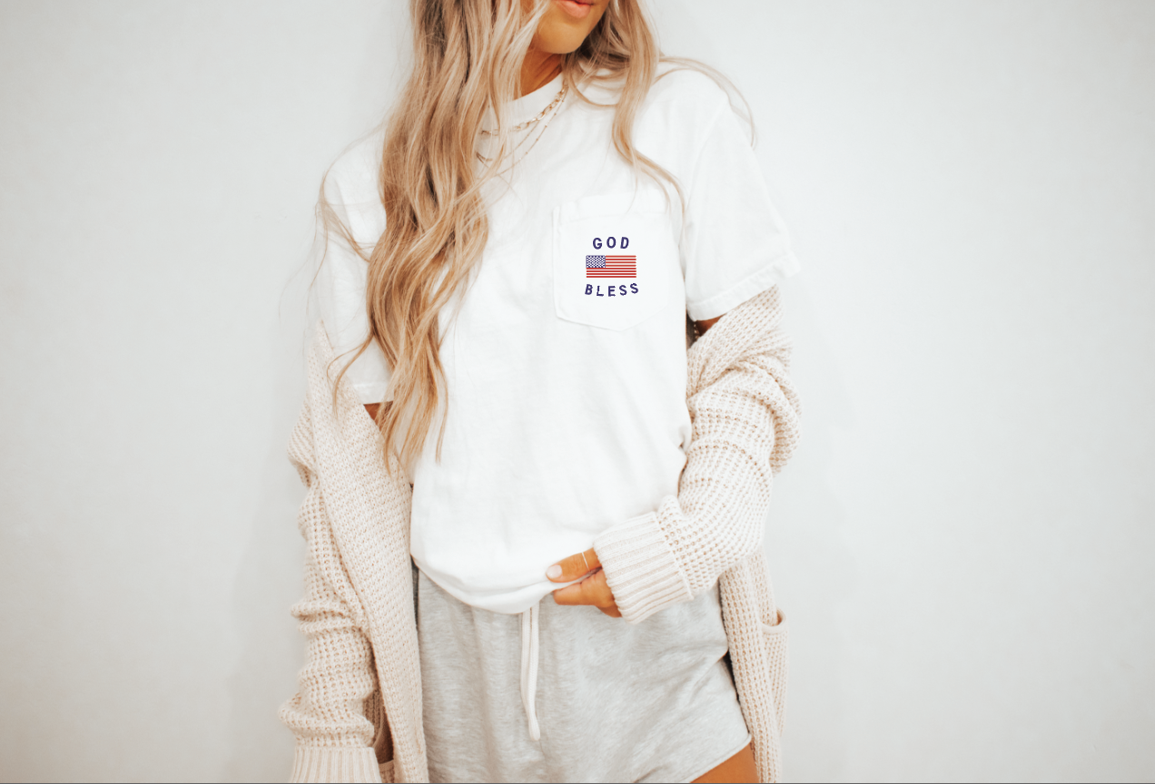 God Bless America Real Pocket Tee - Patriotic Screen-Printed Cotton T-Shirt