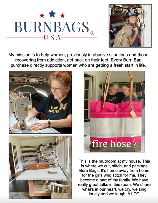Composite image showing a mission statement about supporting women in recovery, a woman sewing at a machine, and the Burn Bag workspace as a place of community and stitching.