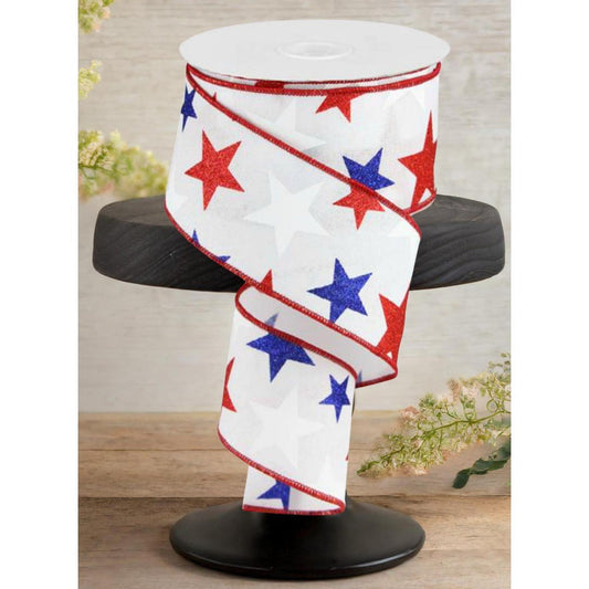 2.5" White Royal Canvas Ribbon: Patriotic Stars (10 Yards)