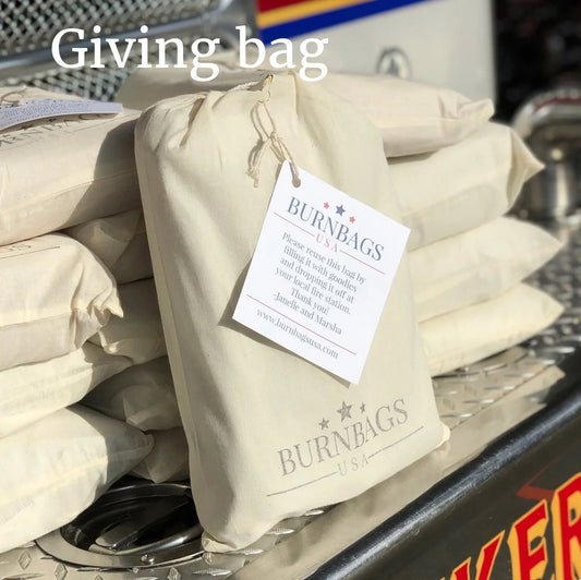 Cotton giving bag included with the Burn Bag order for donating treats to local fire stations.