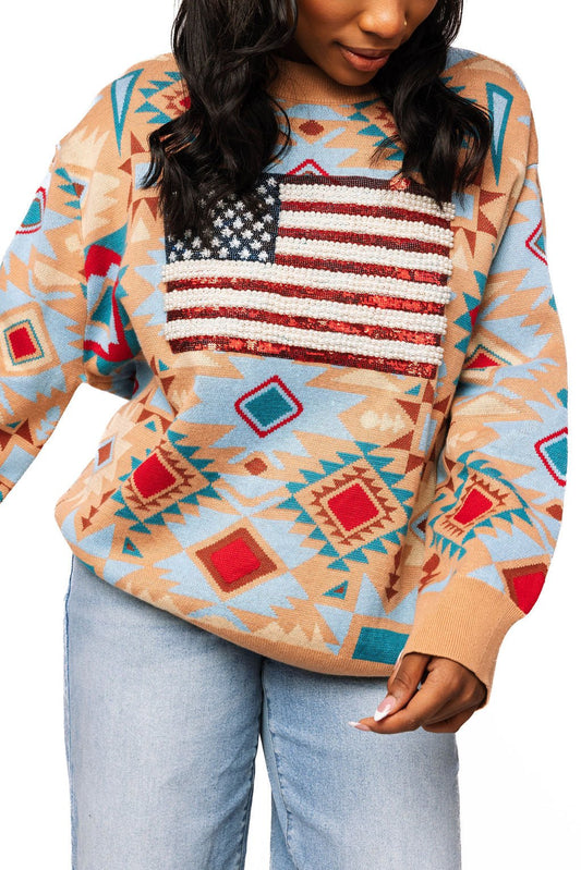QOS USA Flag Aztec Print Knit Cardigan