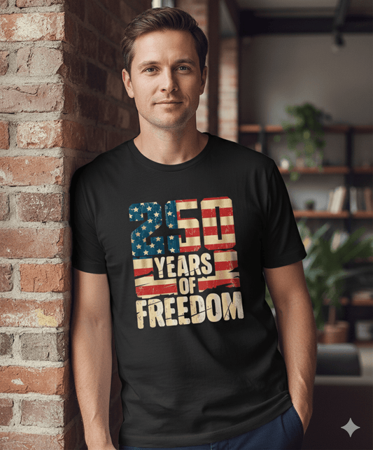 Man wearing a black graphic t-shirt with a vintage American flag design and bold text reading '250 Years of Freedom,' leaning against a brick wall