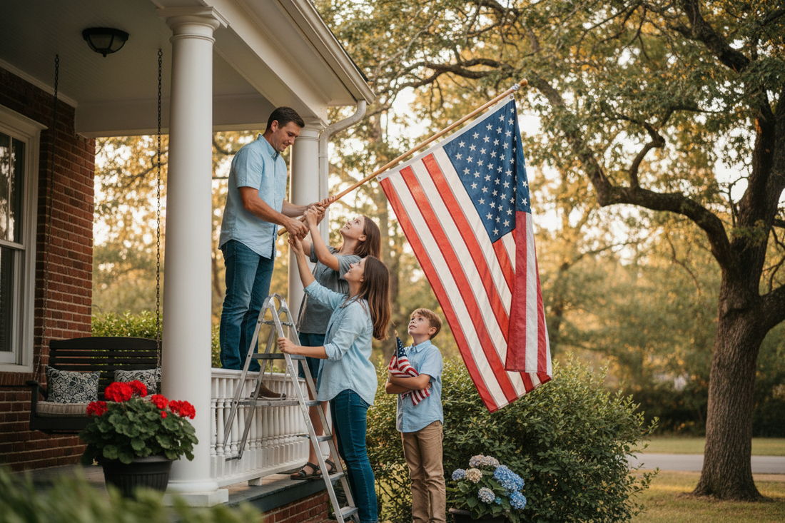 Happy family hanging flag on front porch