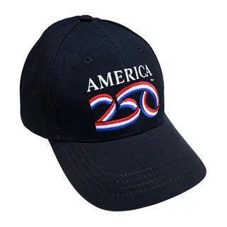 America 250 embroidered baseball cap in navy blue with red, white, and blue logo celebrating the United States 250th anniversary