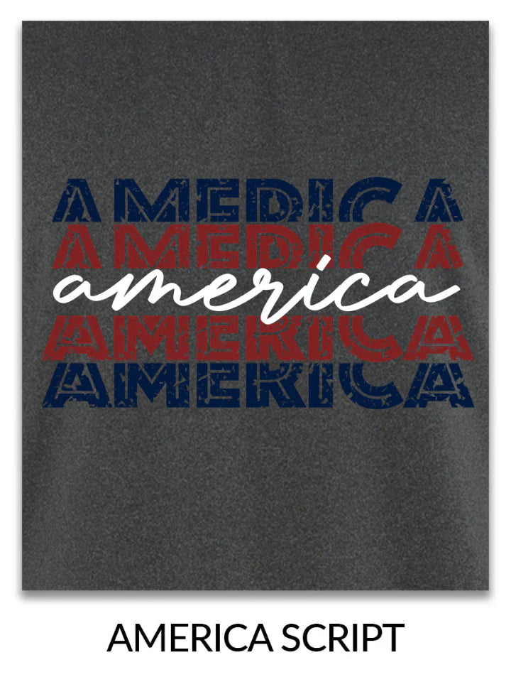 WSI Sportswear America Script patriotic athletic apparel design in red white and blue - Made in USA performance wear