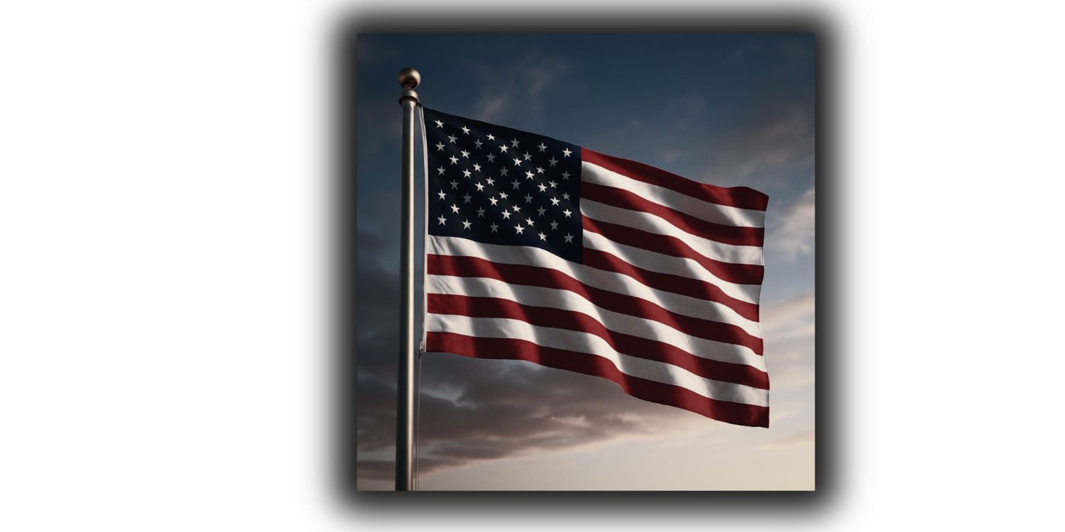 American flag waving on a flagpole at sunset, showing embroidered stars and stitched stripes.