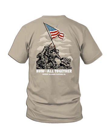"Patriot Alliance Unity Tee featuring Iwo Jima flag raising memorial design - veteran owned patriotic apparel collection"