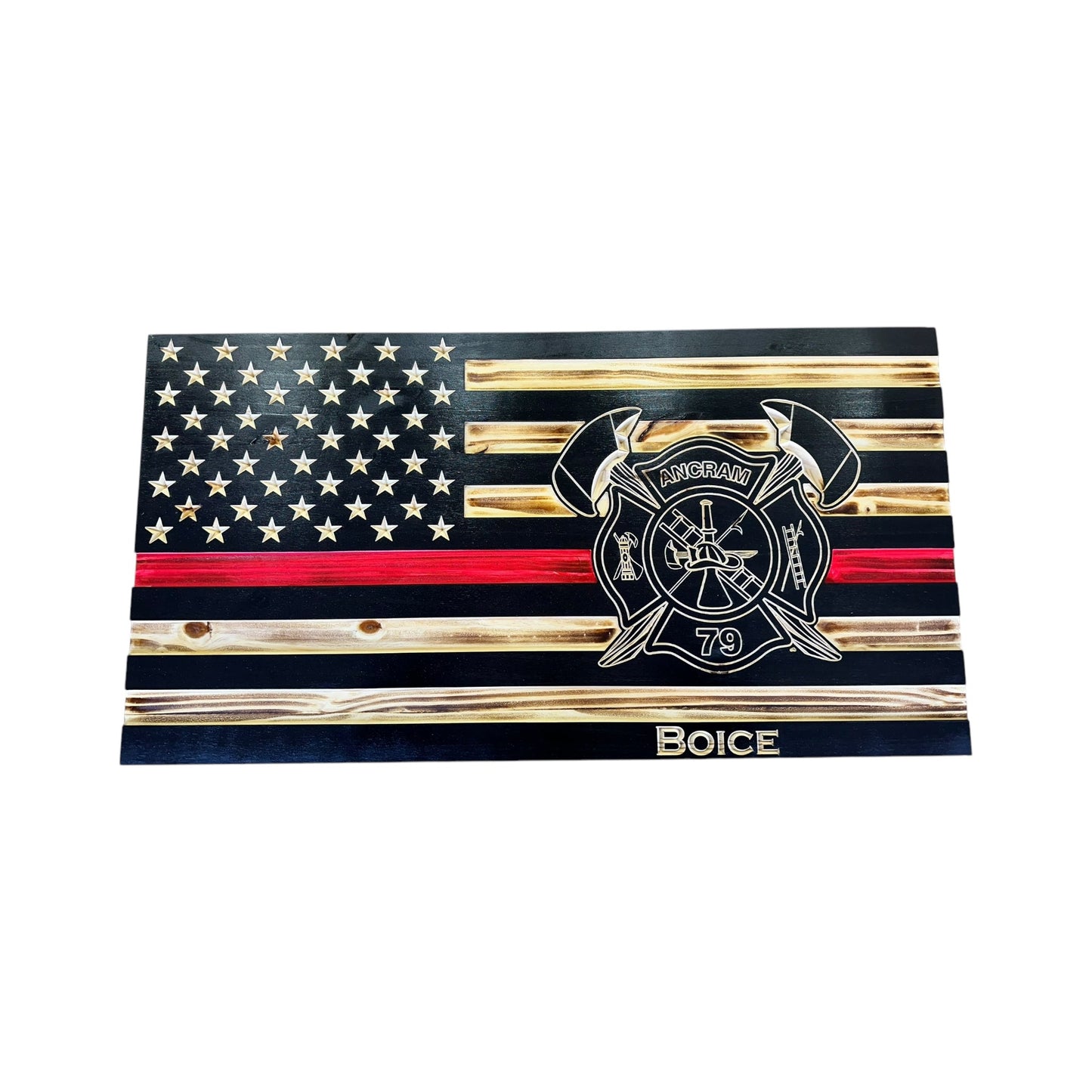 Wooden Thin Red Line American Flag with Custom Logo and Personalization