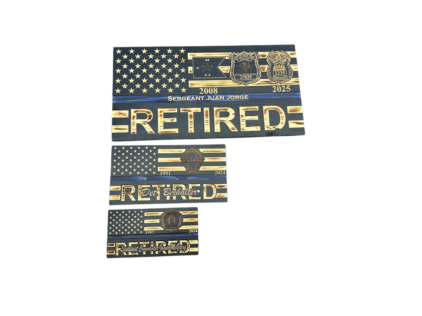 Custom Wooden Retirement American Flag with Personalized Engraving and Badges