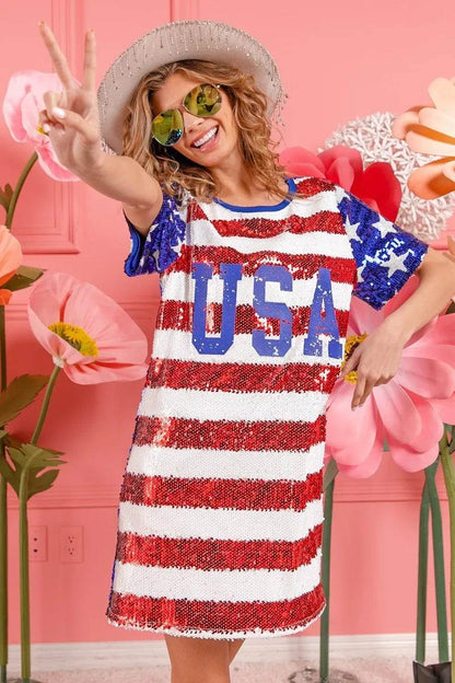 American Flag Sequin Dress - Patriotic USA Print Party Dress for Women