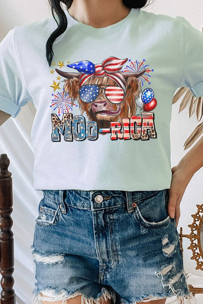Moo-Rica Cow Fireworks Flag Patriotic Graphic Tee T-Shirt