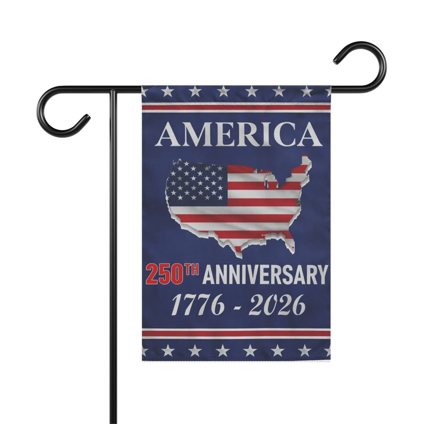 Decorative garden flag celebrating America's 250th anniversary with a map of the United States and year range.
