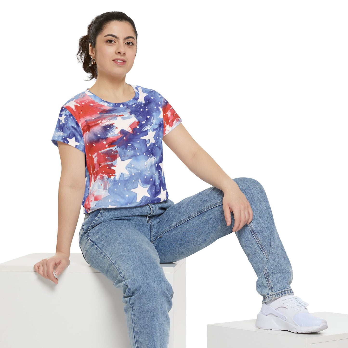 Women's All-Over Print Tee — Patriotic Watercolor Stars & Stripes Shirt