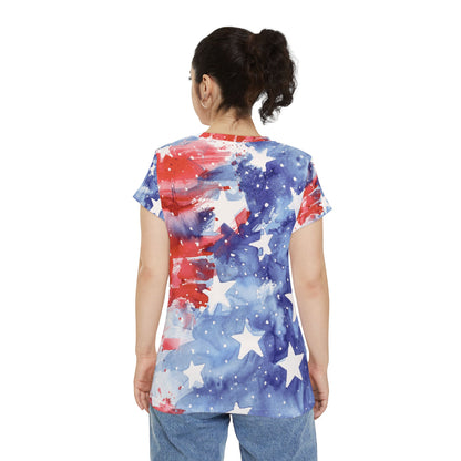 Women's All-Over Print Tee — Patriotic Watercolor Stars & Stripes Shirt