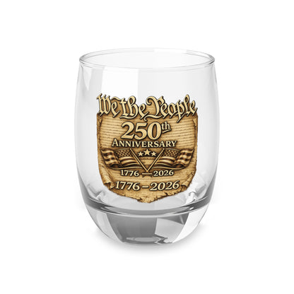 Clear whiskey glass with 'We the People 250th Anniversary' emblem
