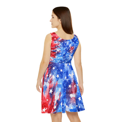 Patriotic Watercolor Stars Skater Dress — Red, White & Blue Fourth of July AOP