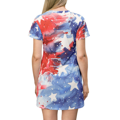American Flag Watercolor T-Shirt Dress – Patriotic Stars & Stripes AOP