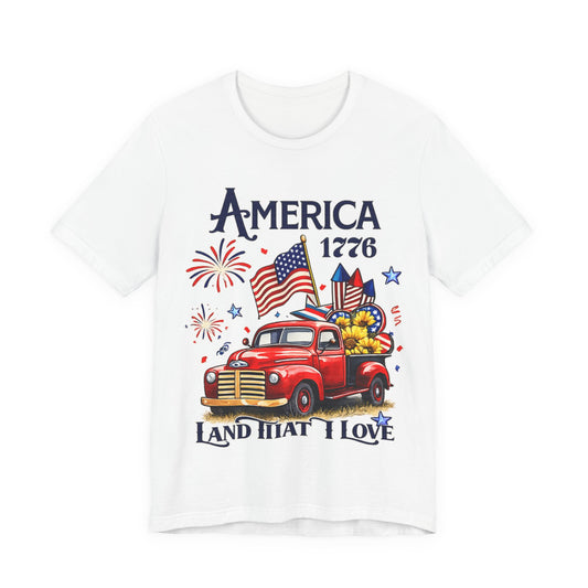 Patriotic Red Truck T‑Shirt — "America 1776 Land That I Love" Fourth of July Tee